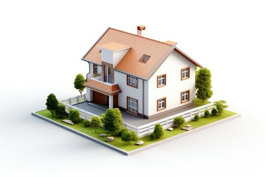 View of 3d house model on white background, isometric view small house model with solar panels isolated on white background, AI generated