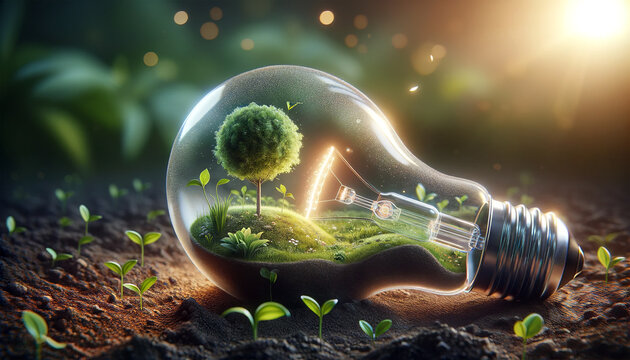Creative concept of an eco-friendly light bulb with a blooming miniature green world inside,symbolizing sustainable energy and environmental protection.Concept of environmental protection.AI generated