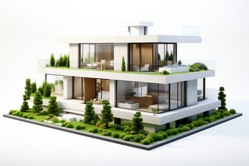 View of 3d house model on white background, isometric view small house model with solar panels...