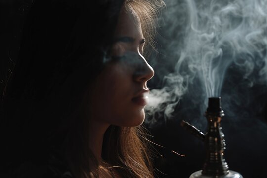 A woman is seen smoking a hookah, with smoke coming out of it. This image can be used to portray relaxation, socializing, or enjoying a cultural experience