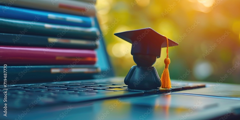 Poster a graduation cap placed on top of a laptop, symbolizing the combination of education and technology.