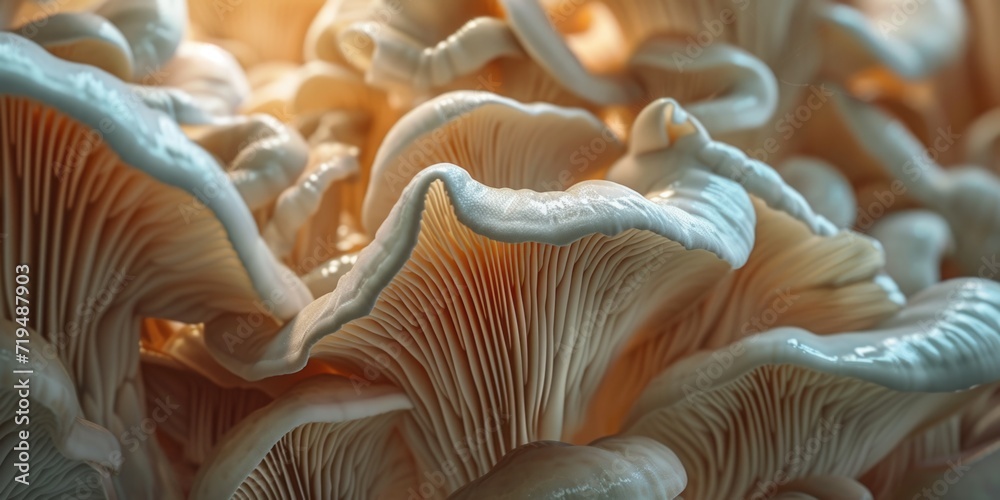 Poster a close-up photograph showcasing a bunch of mushrooms. perfect for nature enthusiasts and food-relat