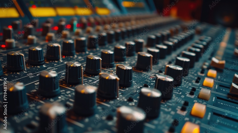 Poster A detailed close-up of a sound board with multiple knobs. Perfect for illustrating audio engineering or music production concepts