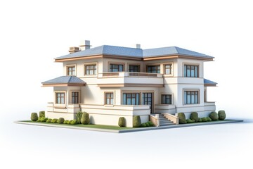 View of 3d house model on white background, Front view of a isolated modern house with a big lawn, AI generated