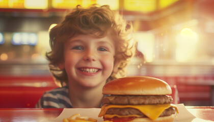 Child in a diner smiling with a burger 