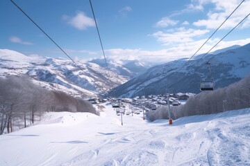 Fototapeta na wymiar A ski lift ascending a snow-covered mountain. Perfect for winter sports and mountain adventure themes