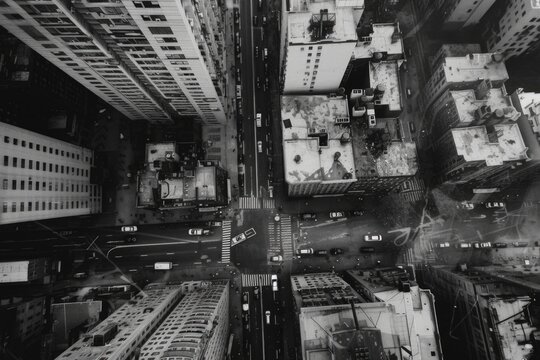 Fototapeta A black and white photo of a city street. Can be used for urban themes or nostalgia