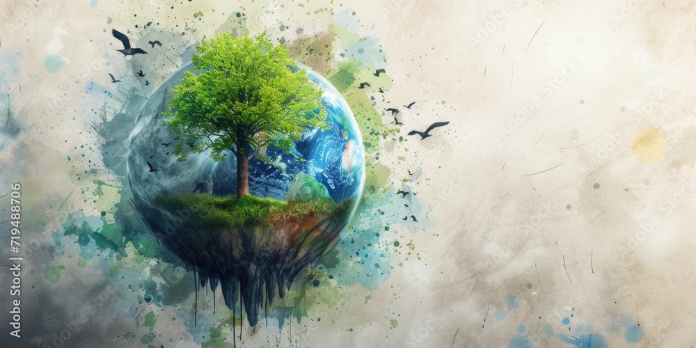 Poster A beautiful painting of a tree standing on a floating island. Perfect for adding a touch of nature and serenity to any space