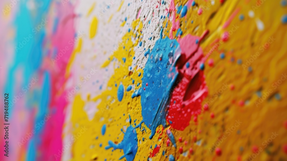 Poster A close up view of a vibrant and colorful painting on a wall. This picture can be used to add a pop of color and artistic touch to various creative projects