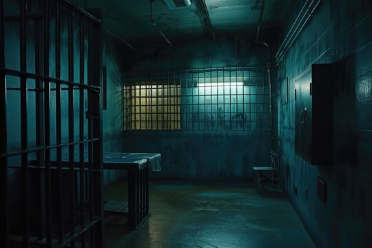 A dimly lit jail cell in a dark room. Suitable for crime and punishment themes.