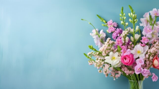 a beautifully crafted bouquet of flowers, strategically leaving ample copy space to serve as an inviting canvas for personalized greetings or well-wishes.