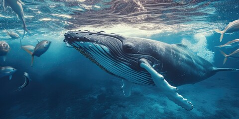 A humpback whale swimming in the ocean surrounded by a school of fish. This image can be used to depict marine life and the beauty of nature