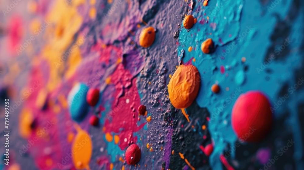 Poster A detailed close up of a wall covered in colorful paint splatters. Perfect for adding a touch of creativity to any design project