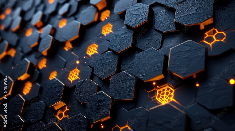 Poster A bunch of lit-up hexagons that create a vibrant and eye-catching display. Perfect for adding a modern and dynamic touch to any design project