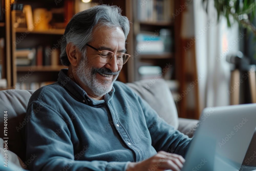 Poster A man sitting on a couch using a laptop computer. Suitable for technology and remote work concepts