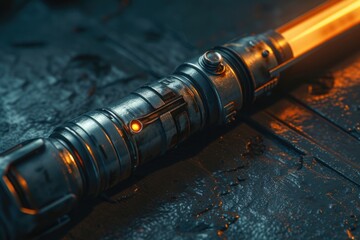 A detailed view of a light saber placed on a table. Perfect for sci-fi enthusiasts and Star Wars fans - obrazy, fototapety, plakaty