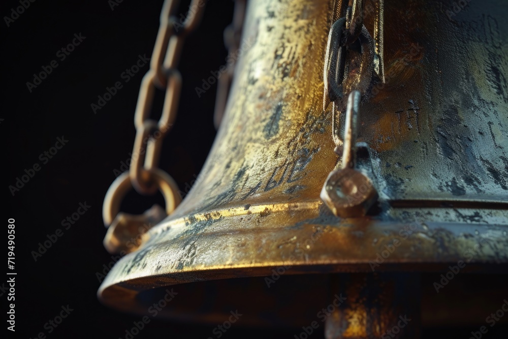 Fototapete a detailed close up of a bell with a chain wrapped around it. this image can be used to represent co