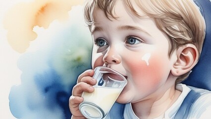 Child drinking milk from glass And smiling happily, concept of drinking milk for good health. - obrazy, fototapety, plakaty