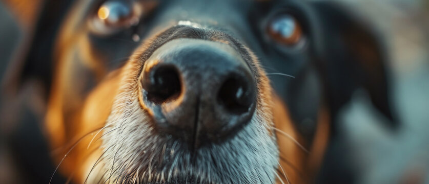 A close-up shot of a dog's nose with a blurred background. This image can be used to depict the sense of smell or for pet-related content