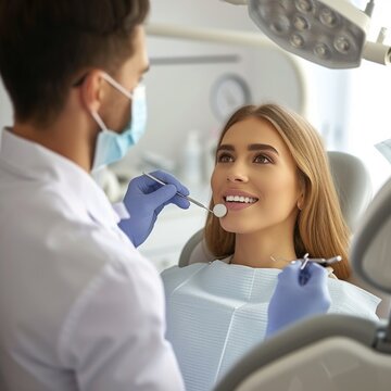 the dentist takes the opportunity to educate the woman on proper oral hygiene practices