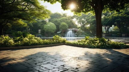 an empty square floor surrounded by lush greenery, capturing the serene natural scenery of a city park.