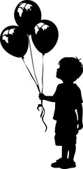 Silhouette of a young child looking up at a bunch of floating balloons, captured in a vector illustration.