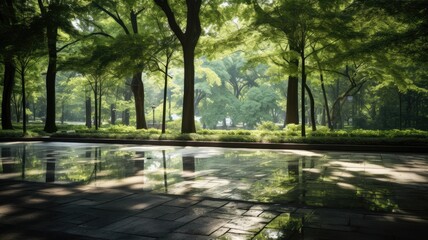 an empty square floor surrounded by lush greenery, capturing the serene natural scenery of a city park.