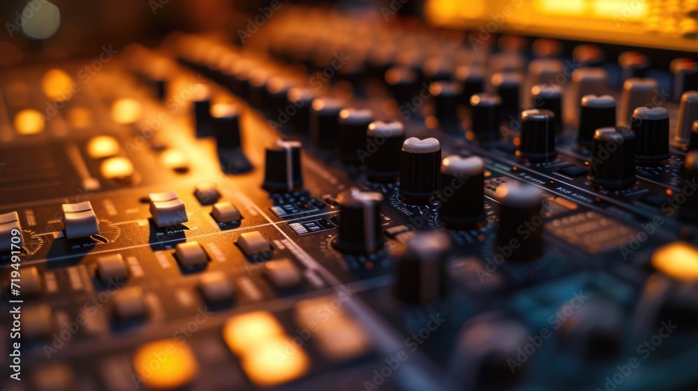 Poster a close-up view of a sound board in a recording studio. perfect for musicians, producers, and audio 