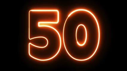 Fotobehang 50. 50 electric orange lighting text on black background. 50 Number. Fifty neon sign. © adobedesigner