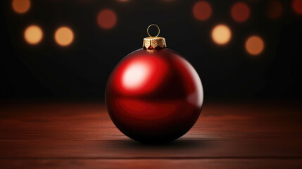 Red Christmas ornament sitting on top of wooden table. Perfect for holiday-themed designs and decorations