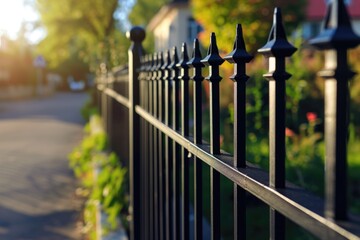 A detailed view of a fence on a street. This versatile image can be used to depict urban landscapes, security, boundaries, or as a symbol of division.