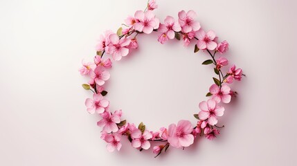 Obraz premium a wreath composed of pink flowers against a plain background, captured from a top view with ample copy space.