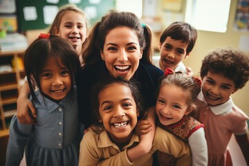 Multiethnic kids embracing happy teacher in school, overjoyed multiethnic kids embracing happy teacher in Montessori school, AI generated