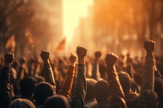 Crowd of protesters people. Silhouettes of people with banners and megaphones. Concept of revolution or protest