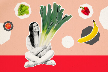 Collage image of cheerful black white effect girl arms hold onion fresh vegetable fruit banana paprika lettuce apple isolated on drawing background