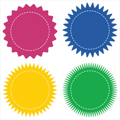 Set of vector starburst sunburst badges. Vintage labels. Starburst sale sticker. Colored stickers. Sunburst price tags. Simple Flat Style Vintage Labels. colourful icons on white background. 