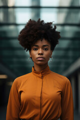Fototapeta premium Serene Black woman with natural hair in a mustard blouse, against a blurred architectural backdrop, embodying elegance.