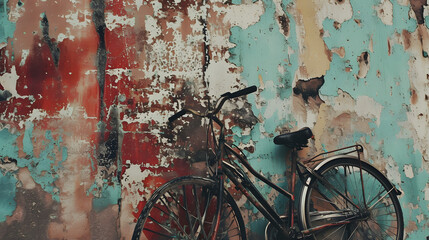 Bicycle Parked Against a Wall With Peeling Paint