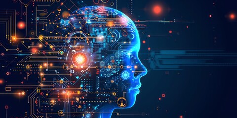CPU Mind series. Backdrop of human face silhouette and technology symbols on the subject of computer science, artificial intelligence and communications