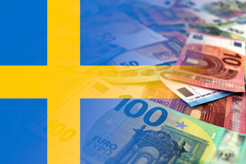 Euro banknotes colored in the colors of the flag of Sweden. Gradient overlay of the Swedish flag on...