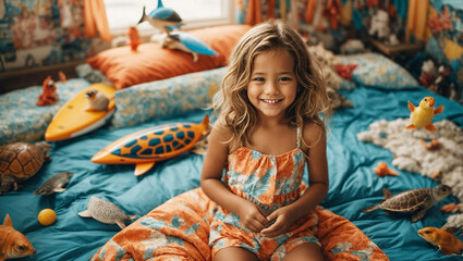 Obraz na płótnie Canvas Smiling girl in a mermaid themed bed room