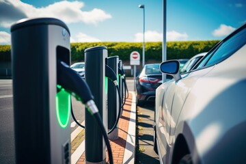 Car charging at electric car charging station. Electric vehicle charger.