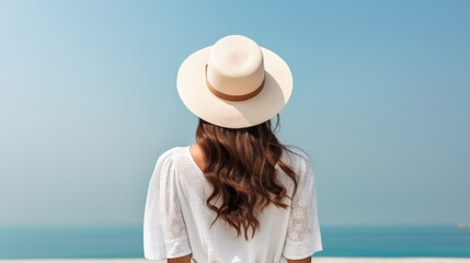 Fototapeta na wymiar Woman in white shirt and hat standing on beach. Ideal for travel or vacation concepts