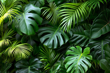 Fototapeta na wymiar Tropical Oasis: Lush Foliage Arrangement with Monstera, Palm Leaves, and Calathea