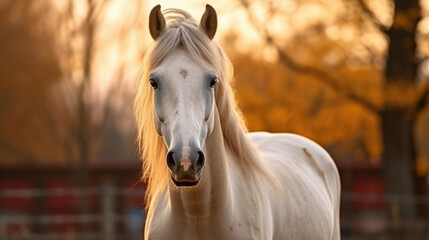 White horse standing in fenced area. Suitable for equestrian-related projects - obrazy, fototapety, plakaty
