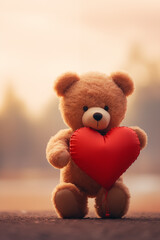 Teddy bear holding a heart-shaped pillow. Romantic and cute gift. Concept: Valentine's Day gift, Birthday, Wedding, Anniversary