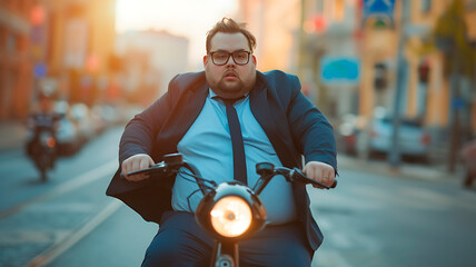A young plus size guy in a suit riding an electric scooter around town. fun business style. Generative AI