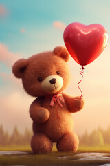 Teddy bear holding a heart-shaped balloon. Romantic and cute illustration. Concept: Valentine's Day, Birthday, Wedding, Anniversary card.