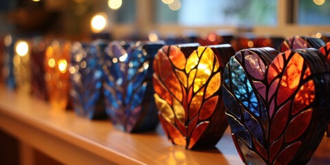 Votive candle holders with leaf patterns casting warm, colorful lights