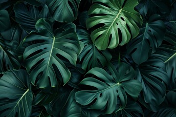 Fototapeta na wymiar Group Background Of Dark Green Tropical Leaves
